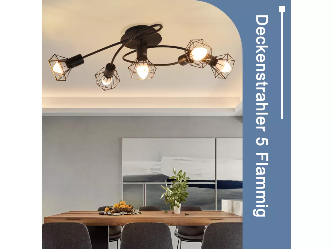 NETTLIFE Plafonnier LED E14 plafonnier noir 5 ampoules industriel orientable 350° spot rétro vintage