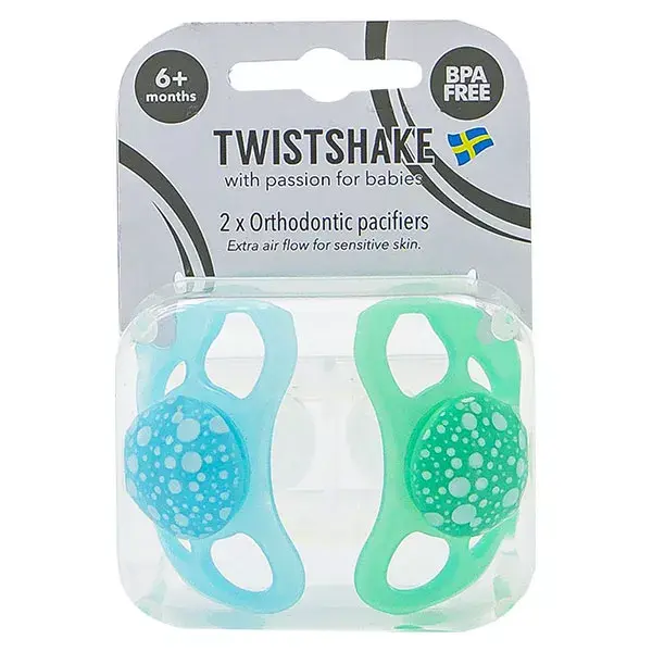Chupeta ortodôntica Twistshake verde/azul +6 meses, pacote com 2 unidades.