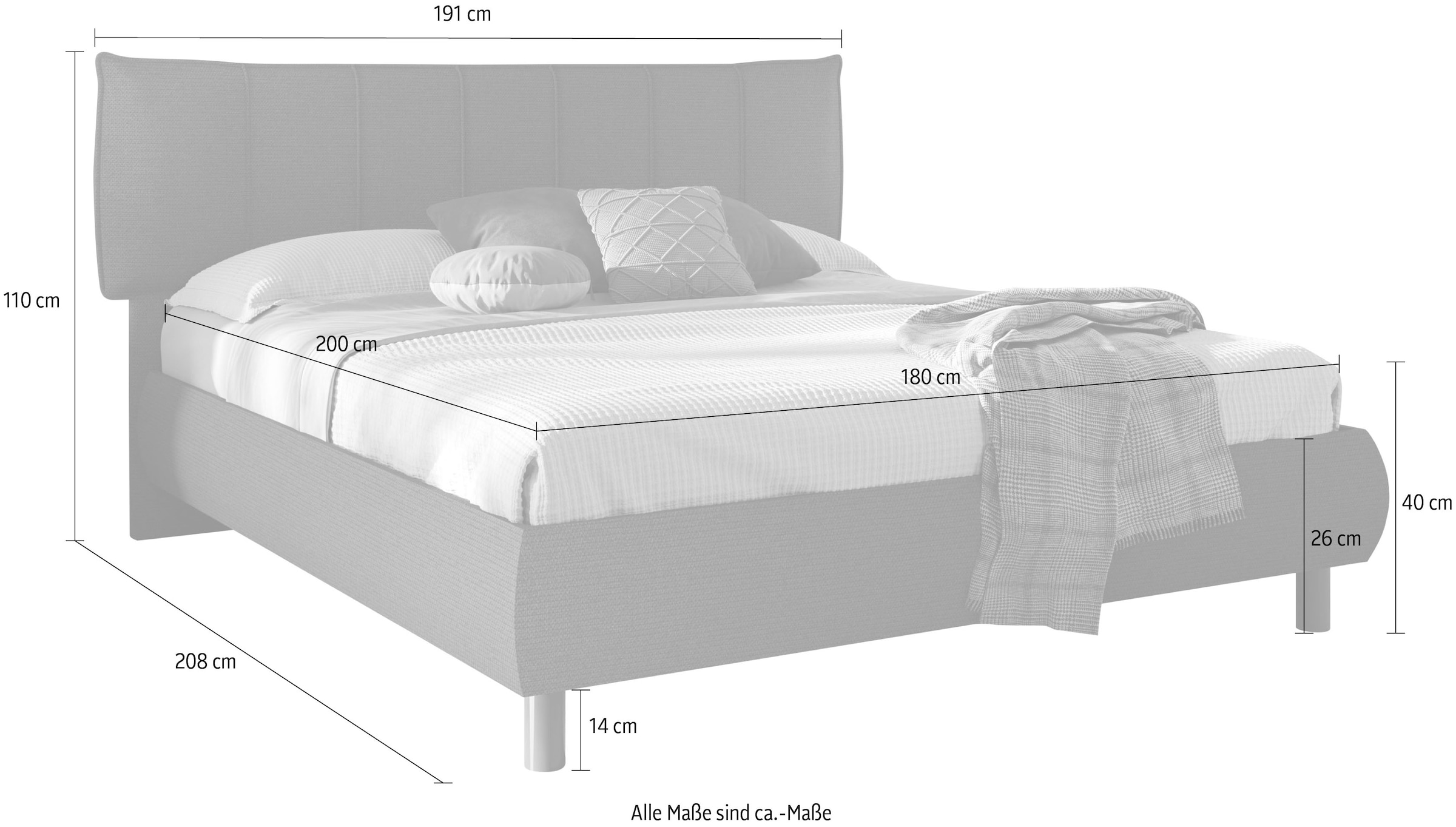 INOSIGN Polsterbett »HUG, Bettgestell Liegefläche 180x200 cm, Doppelbett,« Kopfteil gepolstert, Bettrahmen gebogen, Stoff Rauchgrau