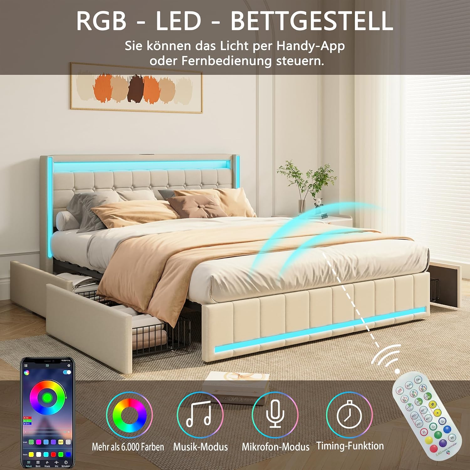 Polsterbett 140x200 cm mit LED-Kopfteil, Doppelbett mit USB-Ladefunktion und Lattenrost, 4 praktischen Schubladen und stilvollem Design, Ideal für Jugendzimmer und Moderne Räume, Ohne Matratze