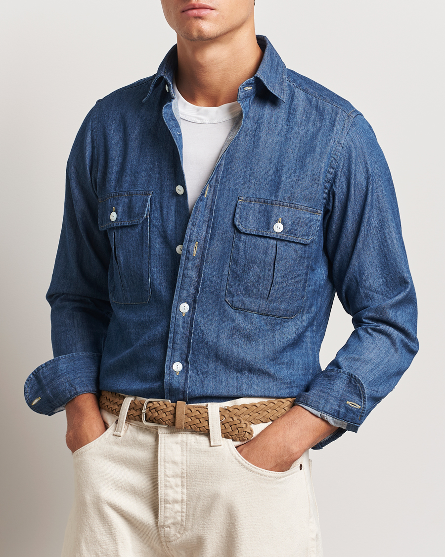 Drake's Denim Cotton Two Pocket Work Shirt Blue