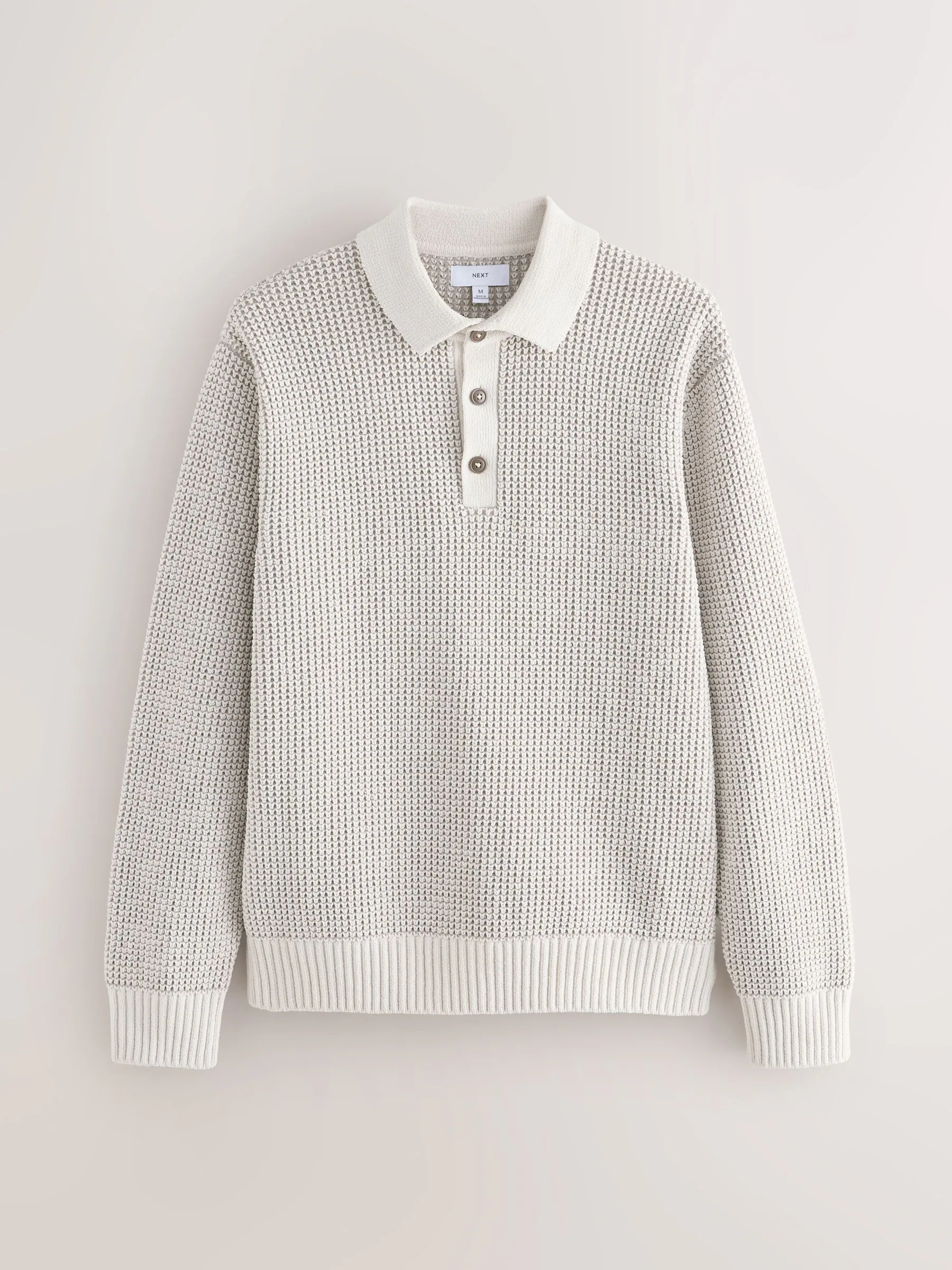 Ecru wit - Relaxed Fit Waffle Textured Chenille Long Sleeve Knit Polo Shirt