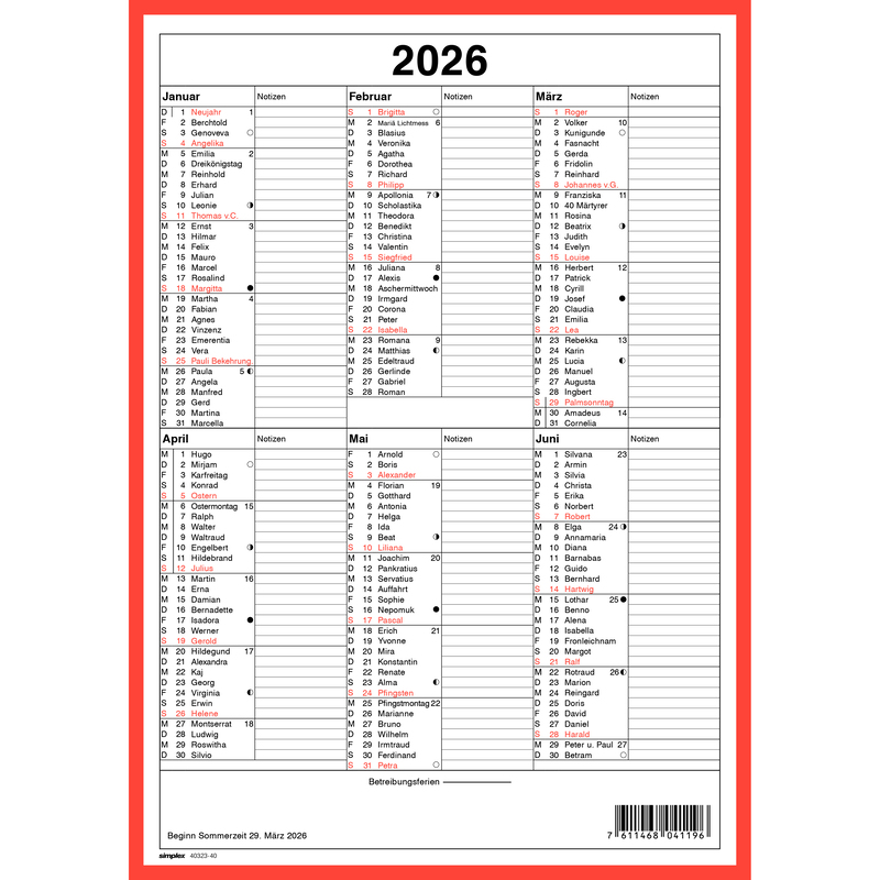Simplex Wandkalender 2026, A4, hoch, 6 Monate / Seite