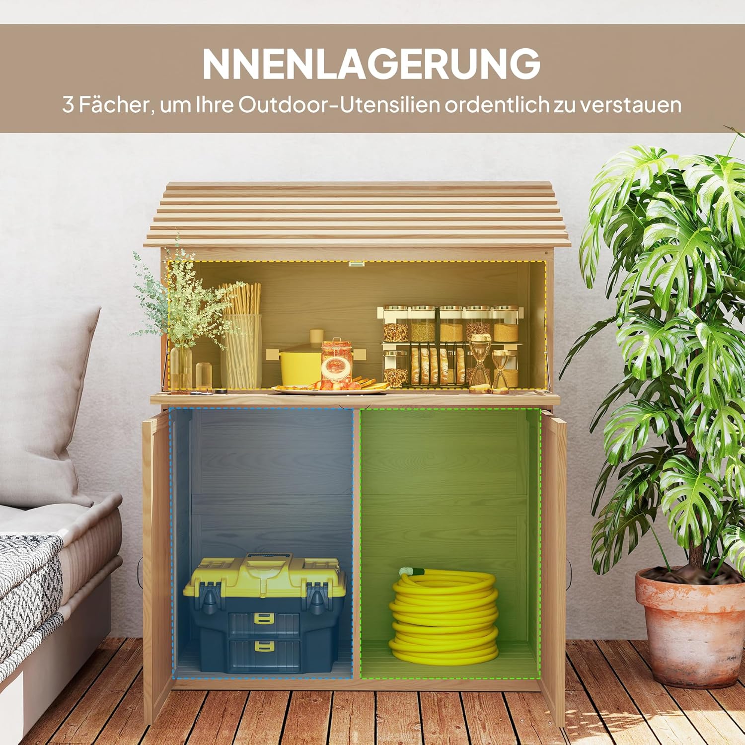 Outsunny Gartenschrank Holz Gerätehaus mit Stufen-Pultdach Ablage 110 x 54 x 136 cm Gartenschuppen mit klappbar Tisch Doppeltüren wetterfest Geräteschuppen Geräteschrank für Terrasse Garten Naturholz