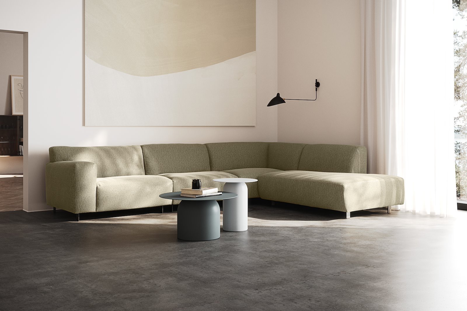 Vesta hjørnesofa 3-seter med åpen ende høyre, Big hjørnemodul, Tekstil Marsel Light green, standardsøm, sort metallben 10 cm, Comfort CM