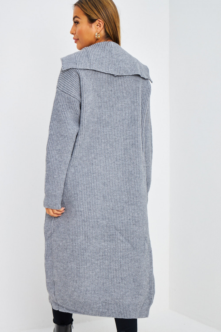 Gilet long EPAIS ouvert gris en mailles