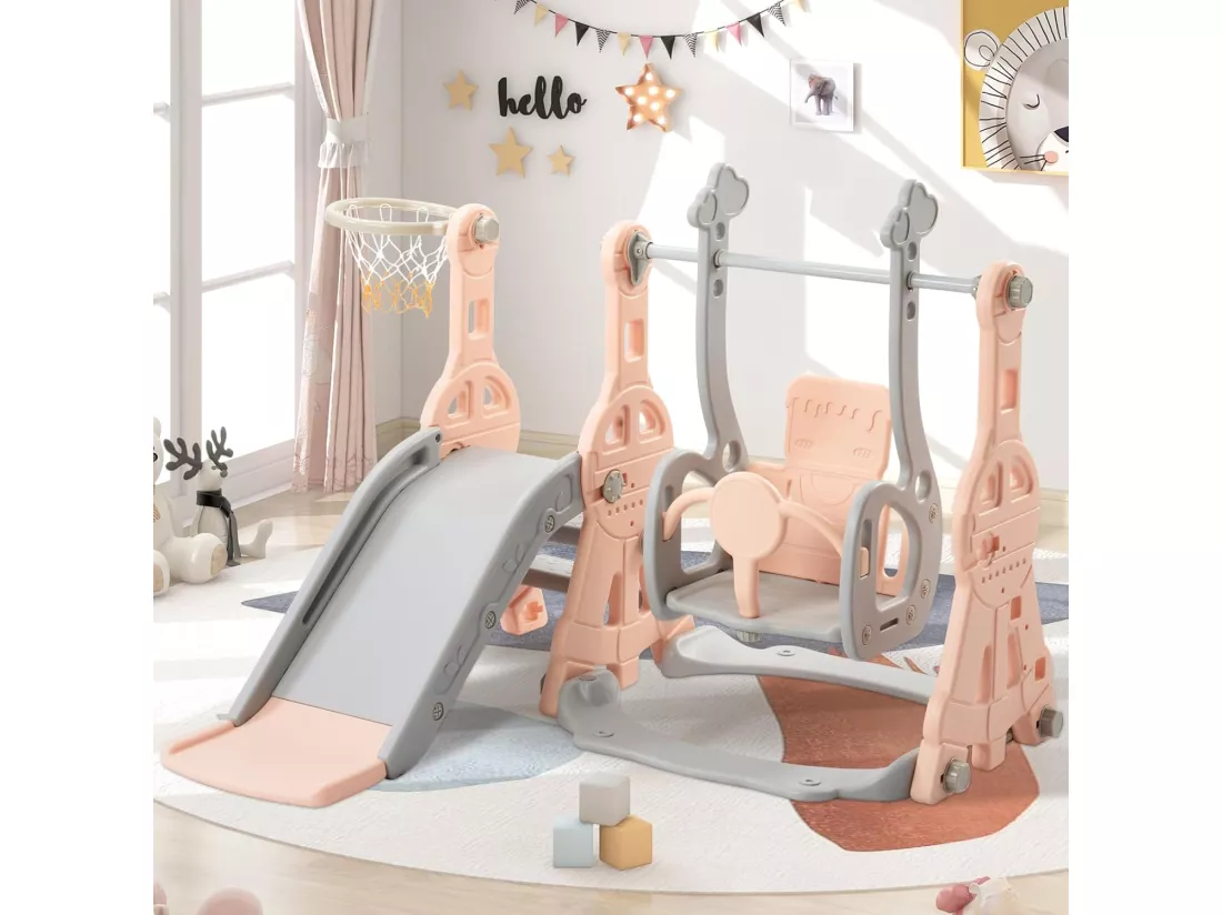 Portique enfant toboggan, echelle et balançoire avec panier de basket-ball - aire de jeux 4 en 1 - usage intérieur extérieur - Rose