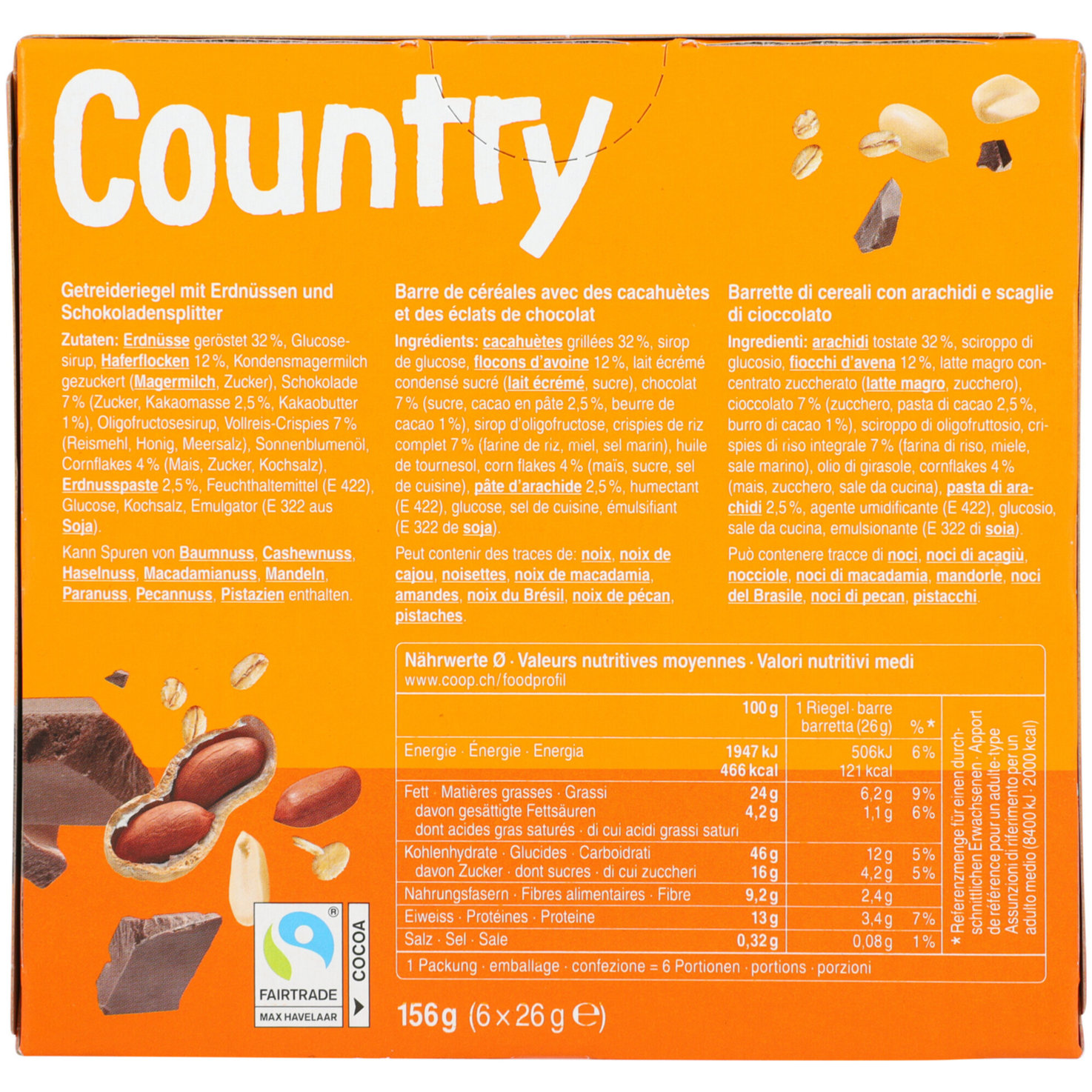 Country Riegel Peanut Choco Chips 6x26g