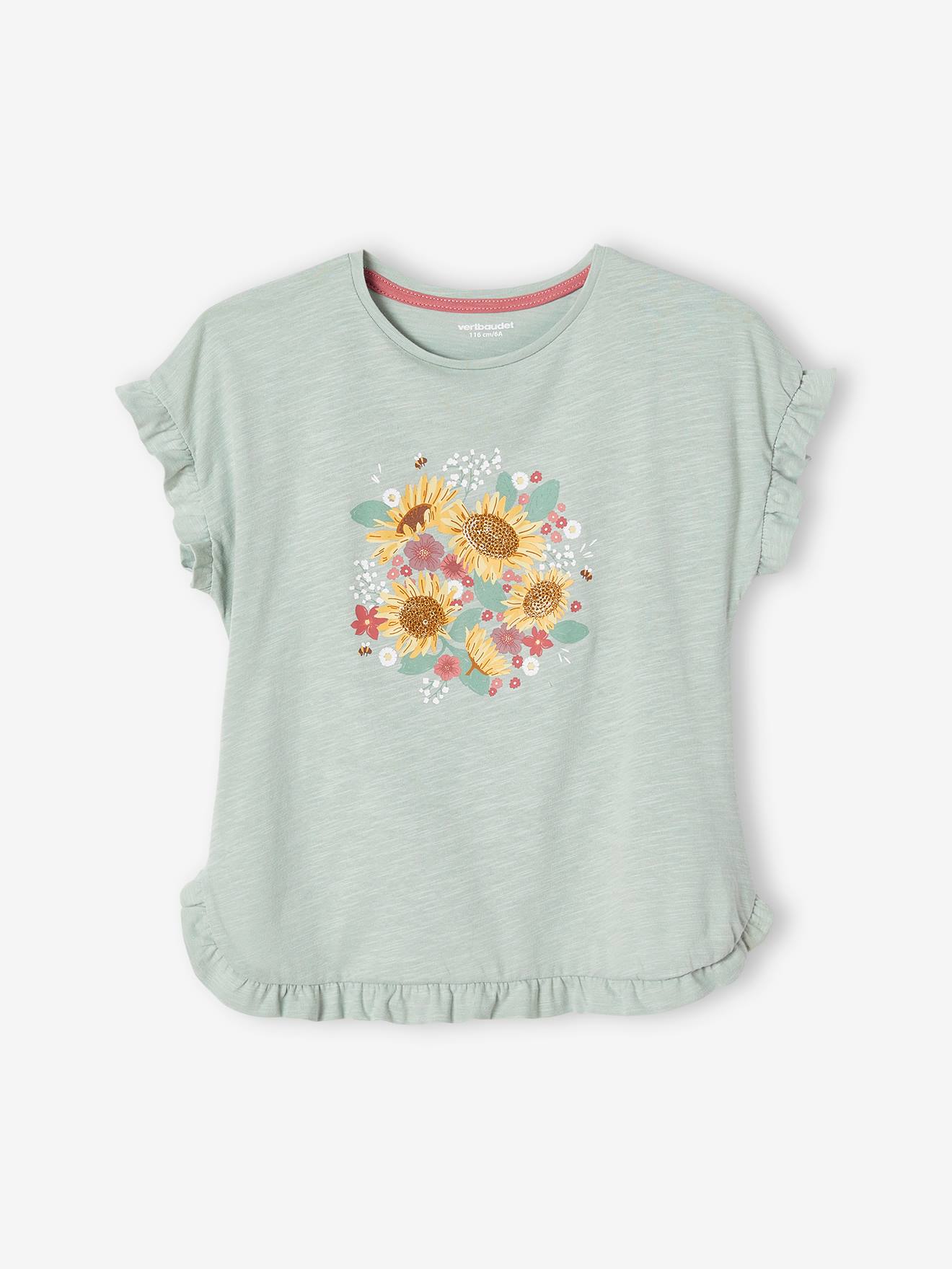 Camiseta com babados e aplicações de lantejoulas, para menina, na cor rosa antigo.