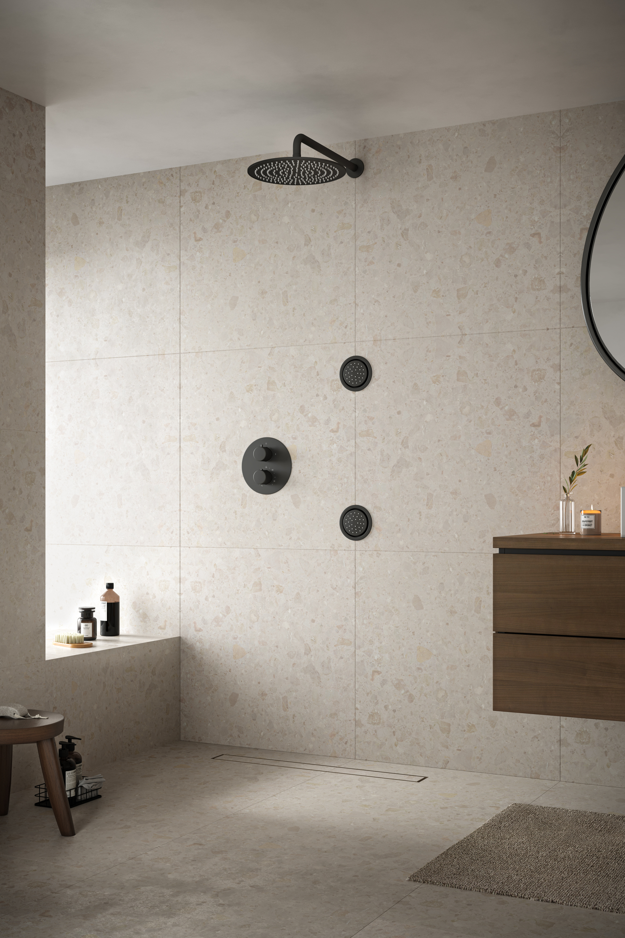 Saniclear Nero Stripes inbouw regendouche 20cm met ronde massagejets en muurarm zwart mat