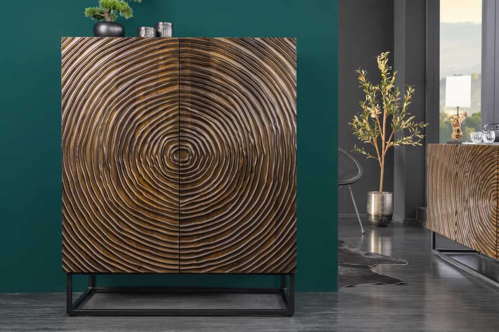 Massivholz Highboard ZEN CIRCLES 120cm dunkelbraun Mangoholz 3D-Design