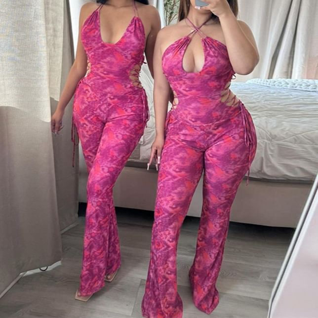 HERMITAKH - Halterhals Tie Dye Uitsparing Open Rug Uitlopende Jumpsuit