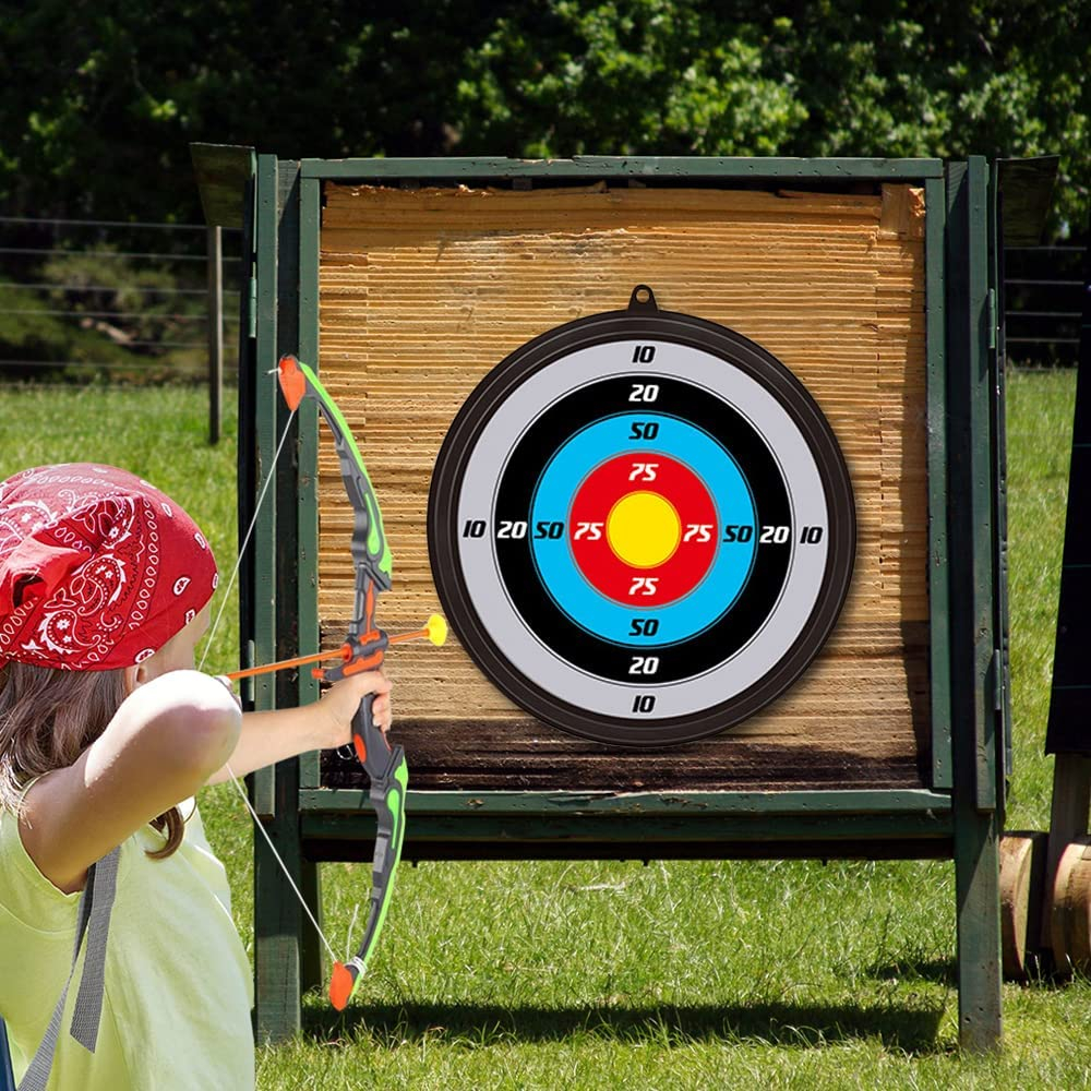 (6-tlg. Set) LED Kinder Bogen Schiessen Spielzeug inkl. Zielscheibe / Pfeilhalter (Batteriebetrieben) - Bunt
