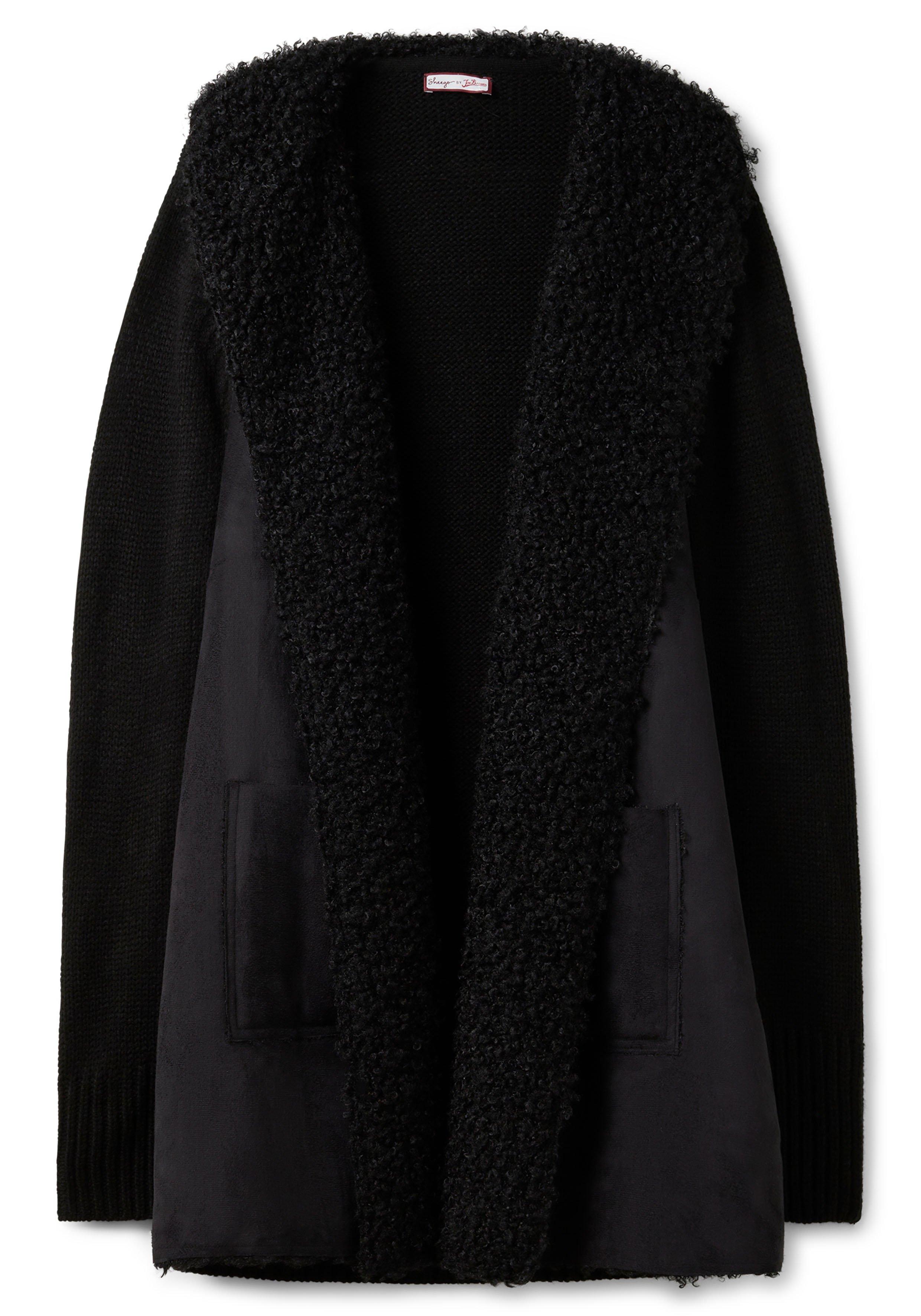 Longstrickjacke mit Kragen in Felloptik, verschlusslos