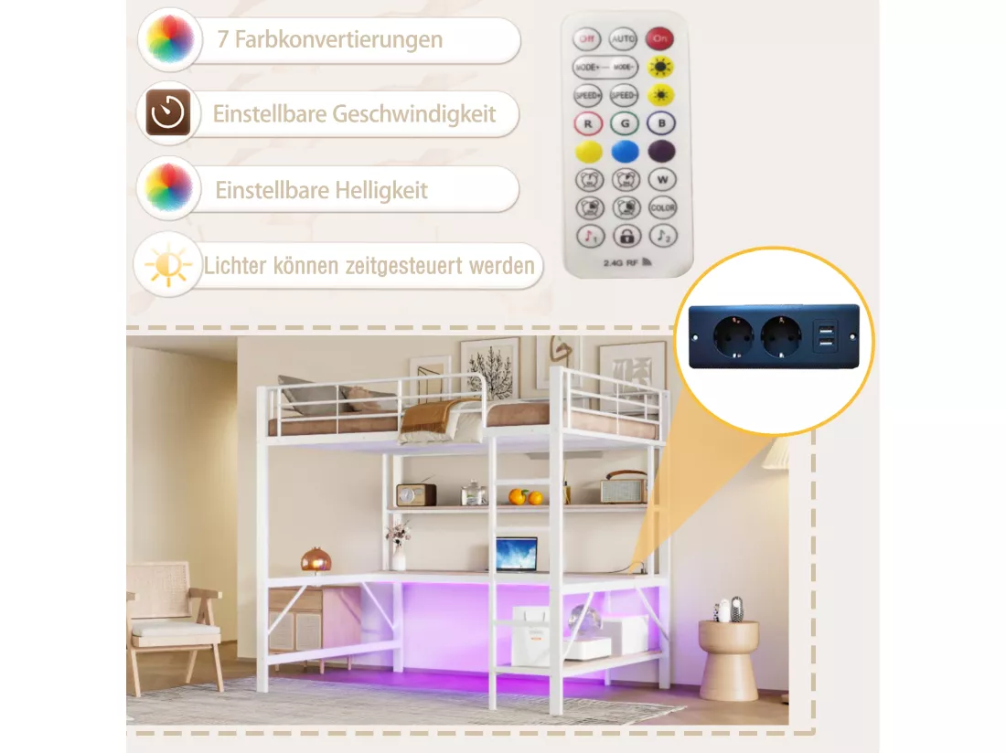 Lit mezzanine garde-corps et escabeau - 140 x 200 cm - avec USB et secteur - LED et bureau - sans matelas - métal - white