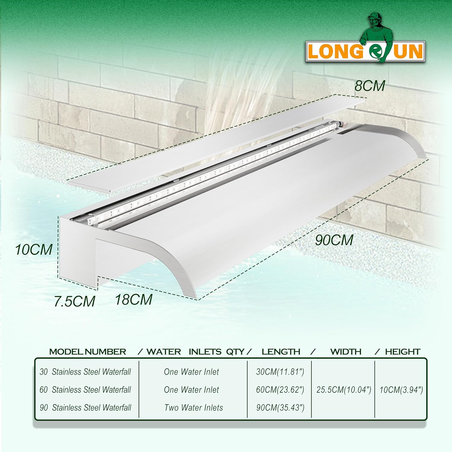 Longrun 90cm Teich Wasserfall Klingen Set, 304 Edelstahl Gebogener Wasserfall mit 7 Farben LED und Fernbedienung, Breite 25.5cm