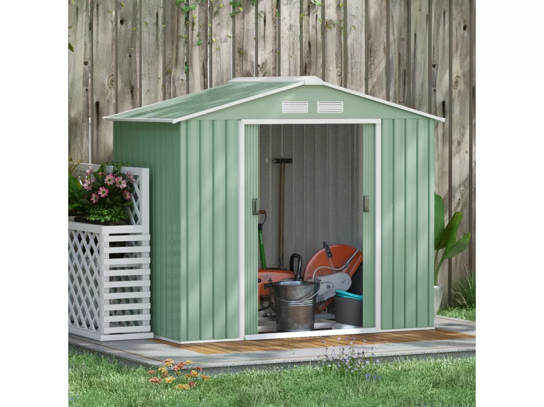 Abri de jardin - remise pour outils - cabanon porte verrouillable - dim. 213L x 130l x 185H cm - tôle d'acier vert pastel