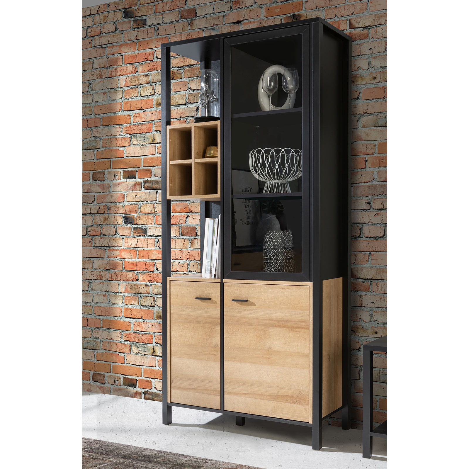 Highboardvitrine - Riveria Eiche - schwarz - 194 cm hoch