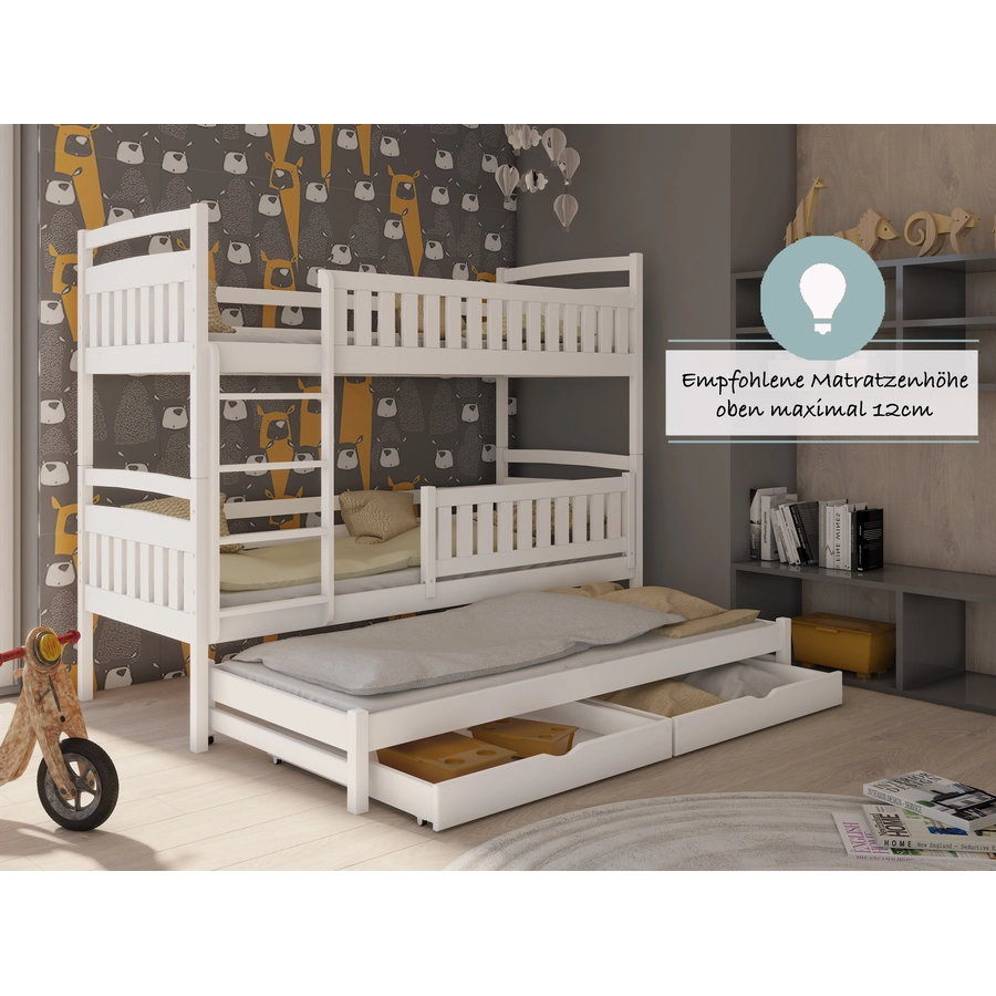 Kids Collective Hochbett 90x200 mit Ausziehbett Etagenbett mit Ausziehfunktion, 2 Schubladen weiß