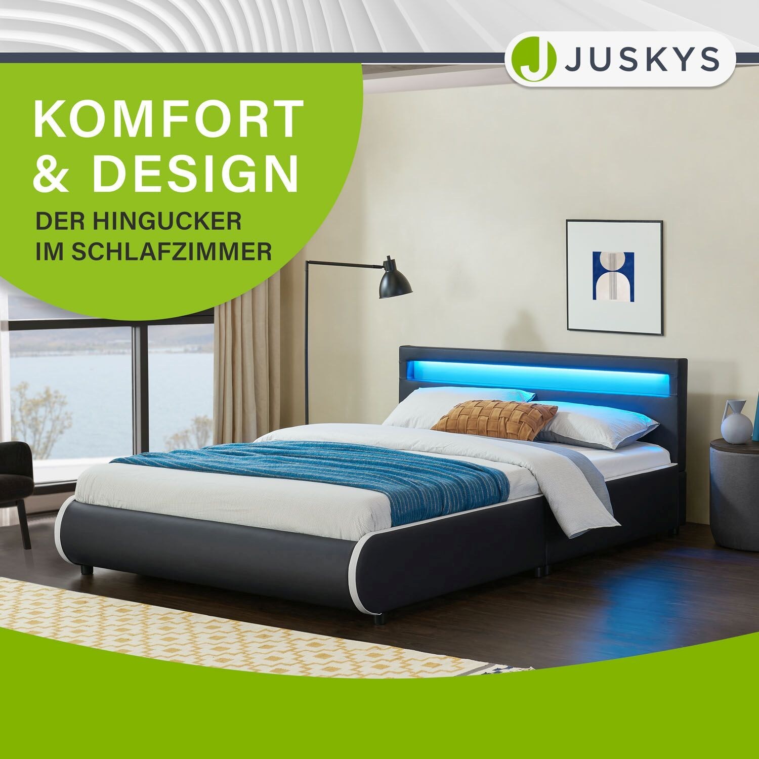 Juskys Polsterbett Sevilla 140 x 200 cm schwarz Einzelbett mit Kaltschaummatratze