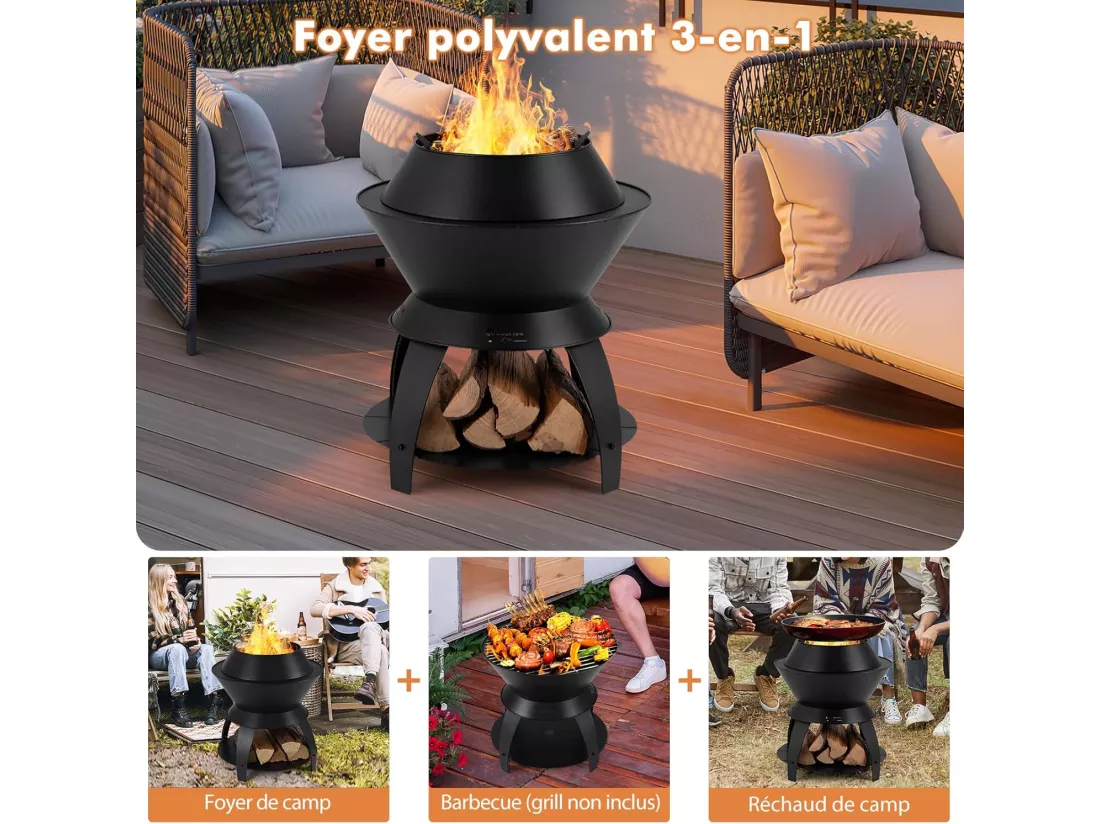 Brasero Foyer de Terrasse 3 en 1 de 50CM, Bol de Feu de CamBoisg en Métal avec Support de Casserole et Étagère de Rangement, Combustion sans Fumée Enrichie en Oxygène