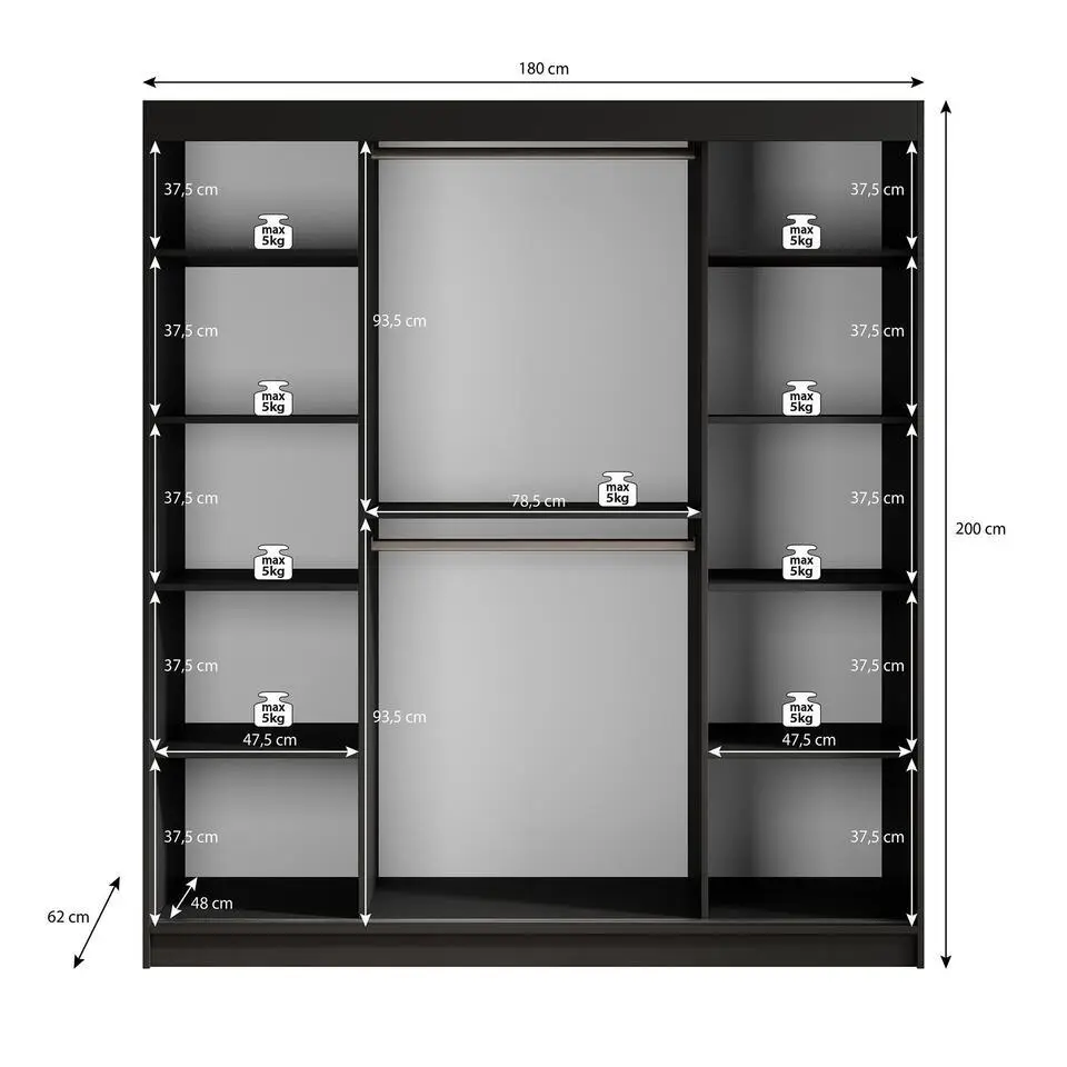 Meubella - Kledingkast Malavi 2 - Zwart - 180 cm - Met spiegel