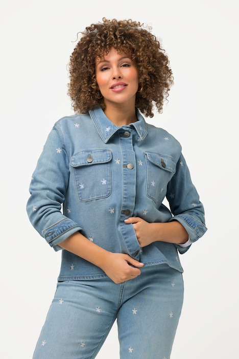 Jeansjacke, Oversized, Blütenstickerei, Hemdkragen