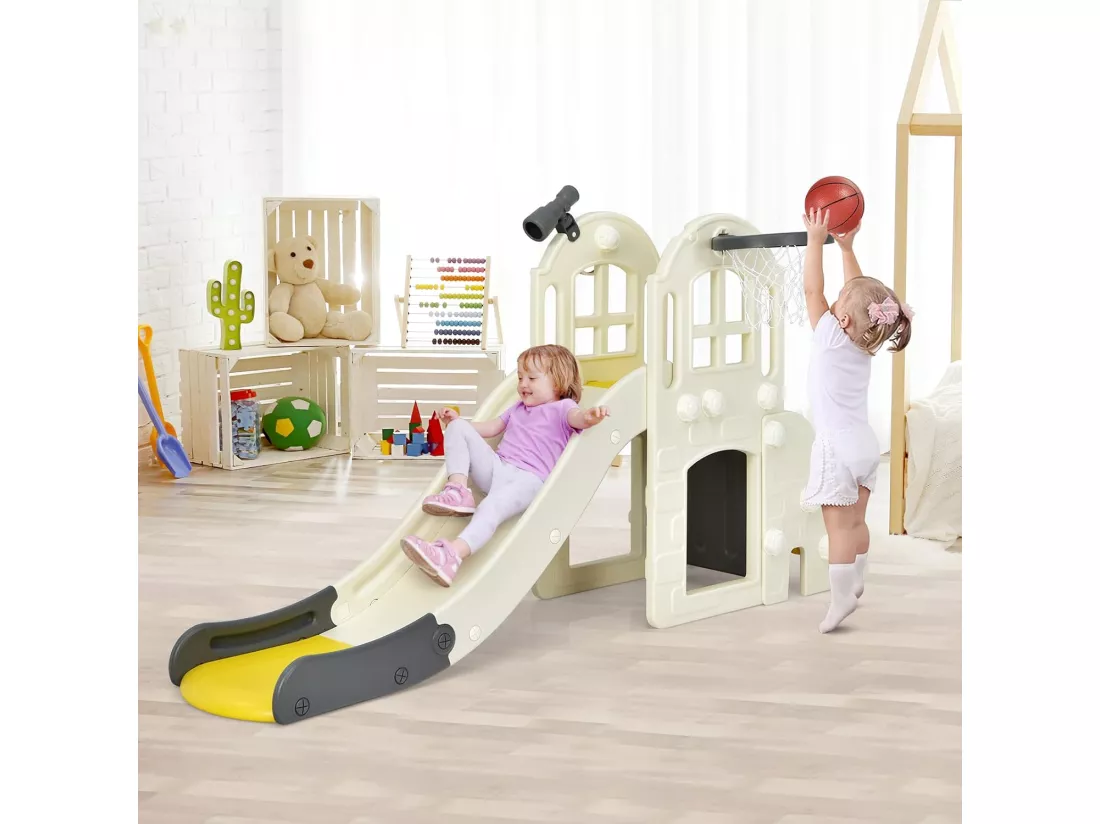 Toboggan 6 en 1 pour Enfant - Glisse de 140 CM - avec Panier de Basket, Escalade, Lancer d'Anneaux et Télescope,Toboggan Intérieure,Aire de Jeux Extérieure 3-8 Ans, Jaune