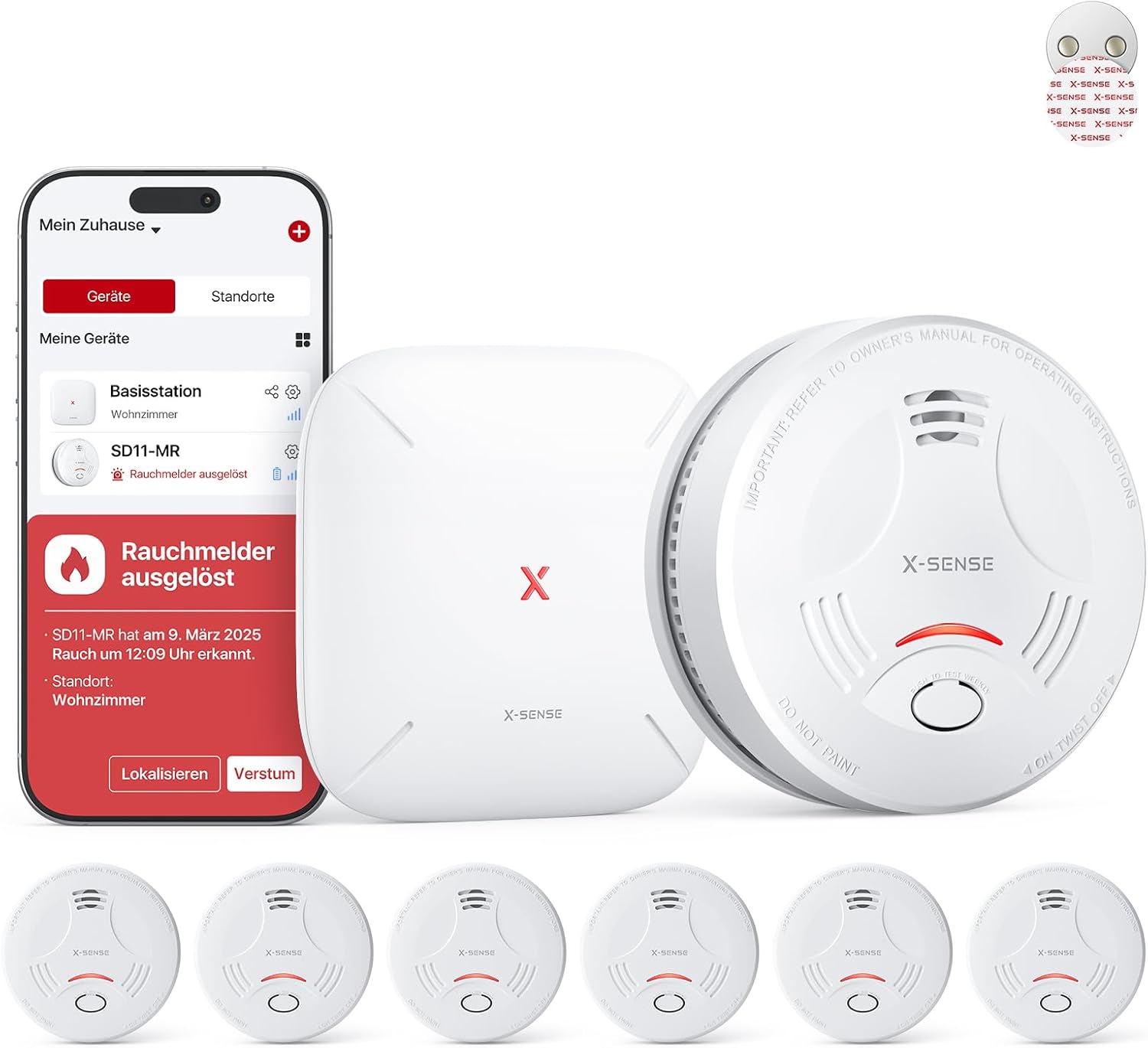 X-Sense Smart-Rauchmelder WLAN mit Magnethalterung, Zertifiziert nach EN 14604, Rauchmelder vernetzt, App-Steuerung, mit Basisstation SBS50, funkvernetzter Feuermelder, SD11-MR61, 6 Stück