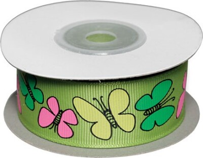 Dekobånd Grøn M/Sommerfugle 25Mm 10M - Polyester