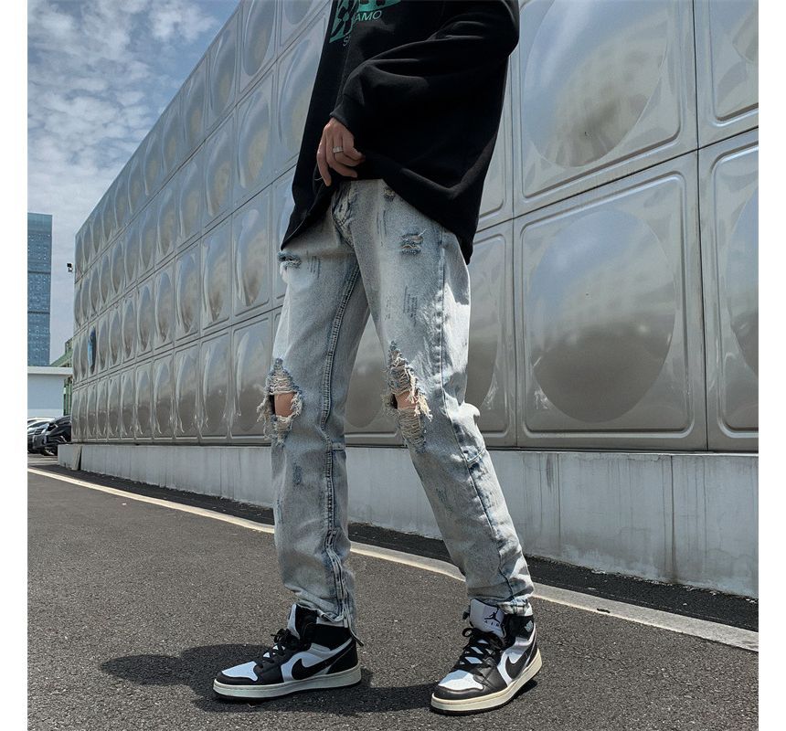 Acrius - Mid Rise Washed Distressed Straight Leg Jeans