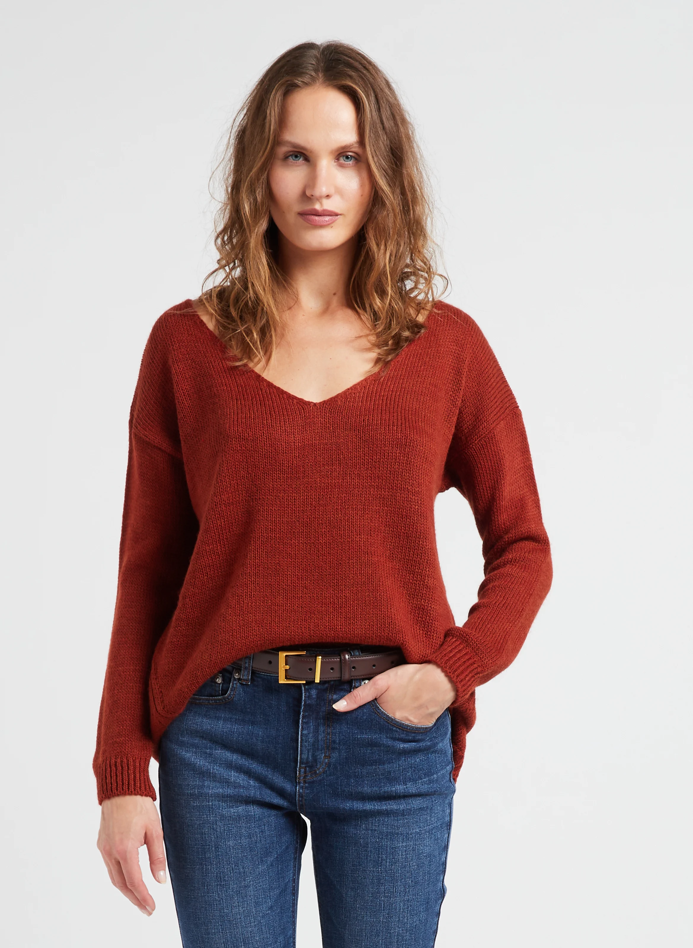 Pull col V en maille mélangée| Orange