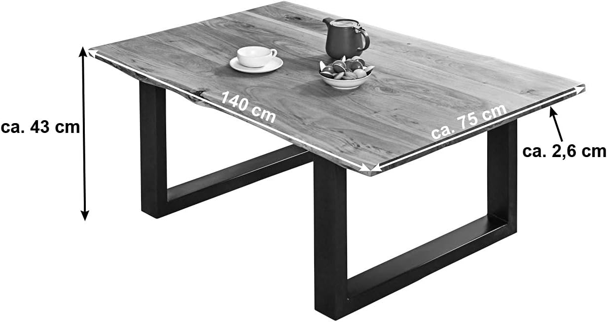 SAM Couchtisch 140 x 75 cm Billy, echte Baumkante, Akazienholz naturfarben, massiver Sofatisch, U-Metallgestell Mattschwarz