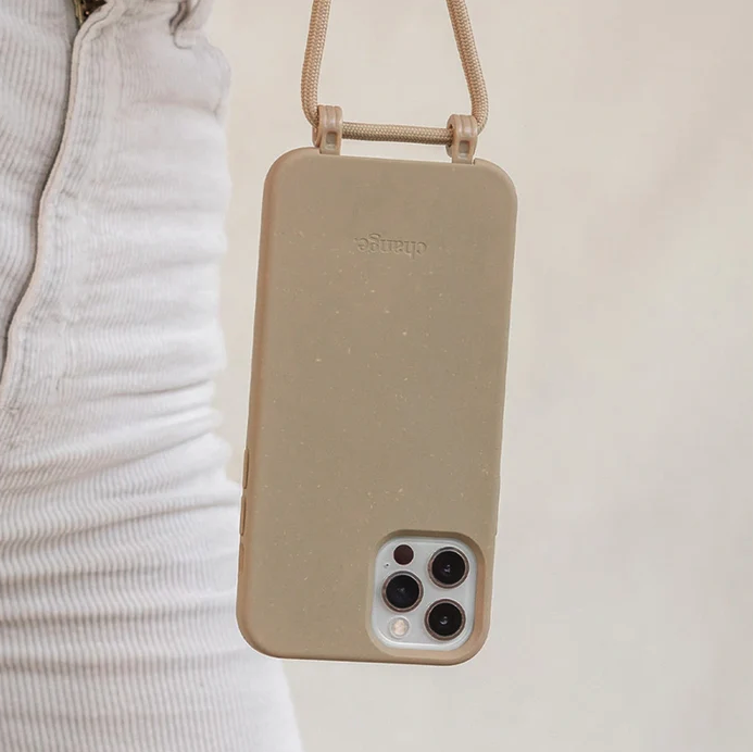 iPhone 16 Pro Max Necklace ChangeCase Antimikrobielle Hülle Vegan Biologisch Abbaubar   Abnehmbare Handykette (CHA281) - Taupe