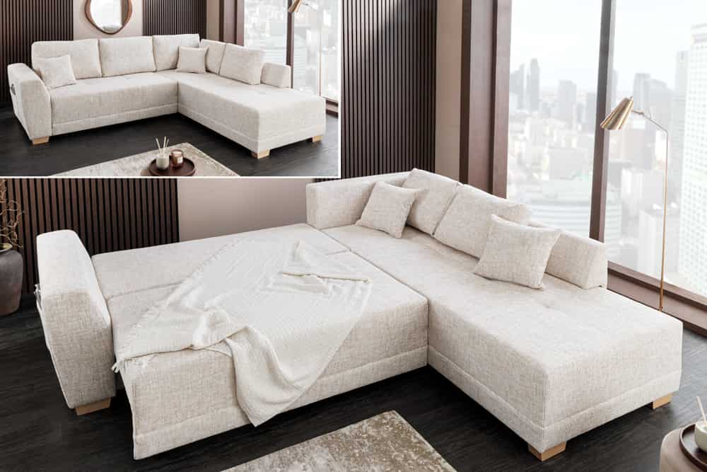 Modernes Ecksofa NORWAY 250cm beige Chenille Schlafsofa mit Stauraum inkl. Kissen