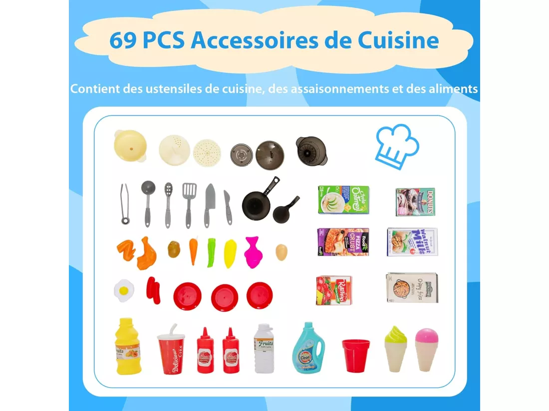 69 Pcs Cuisine Enfants avec Effets de Vapeur & d'Ebullition, Jeux de Cuisine Enfants avec Lumières et Sons Réalistes, Jouet d’Imitation pour Enfants de 3 Ans+, 64,5 x 24 x 83 cm (Bleu)