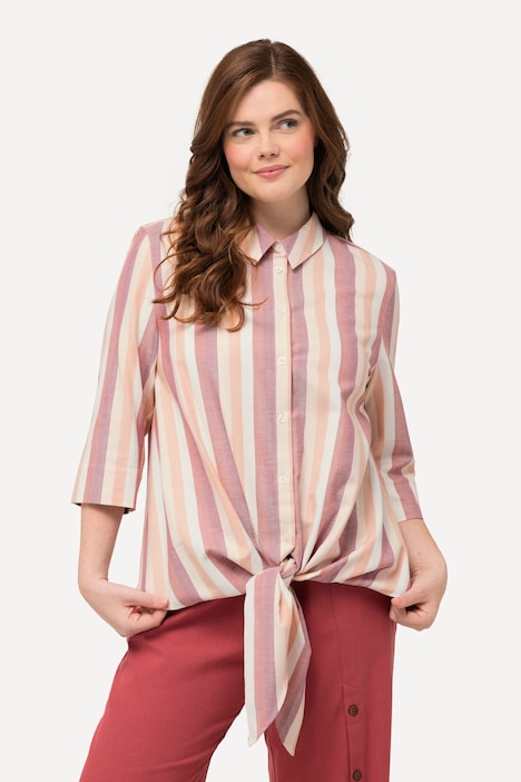 Bluse, Streifen, Saumknoten, Hemdkragen, 3/4-Arm