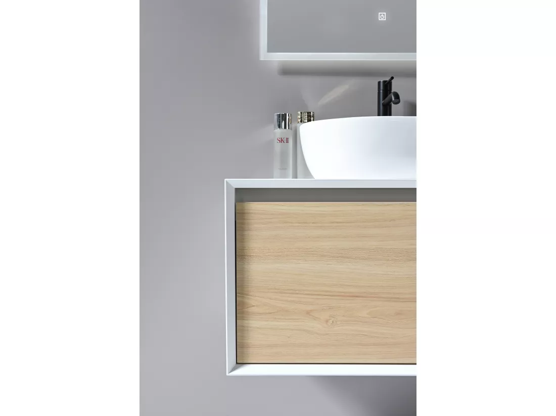 LuxuryBain- Meuble de salle de bain double vasque 140cm blanc et bois avec miroir LED à intensité variable LB-5072