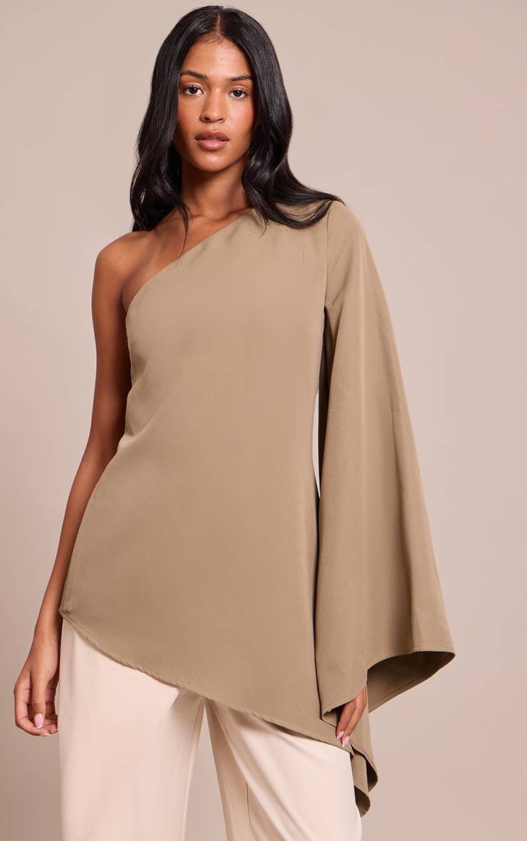 Kaki Haut Long Asymétrique À Manche Évasée En Tissu Tissé Pour Grande Taille