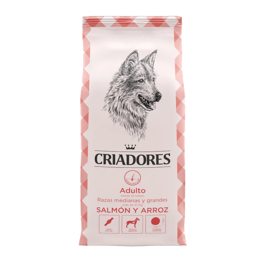 Ração para cães adultos da marca Breeders, sabor salmão e arroz, para raças médias e grandes.