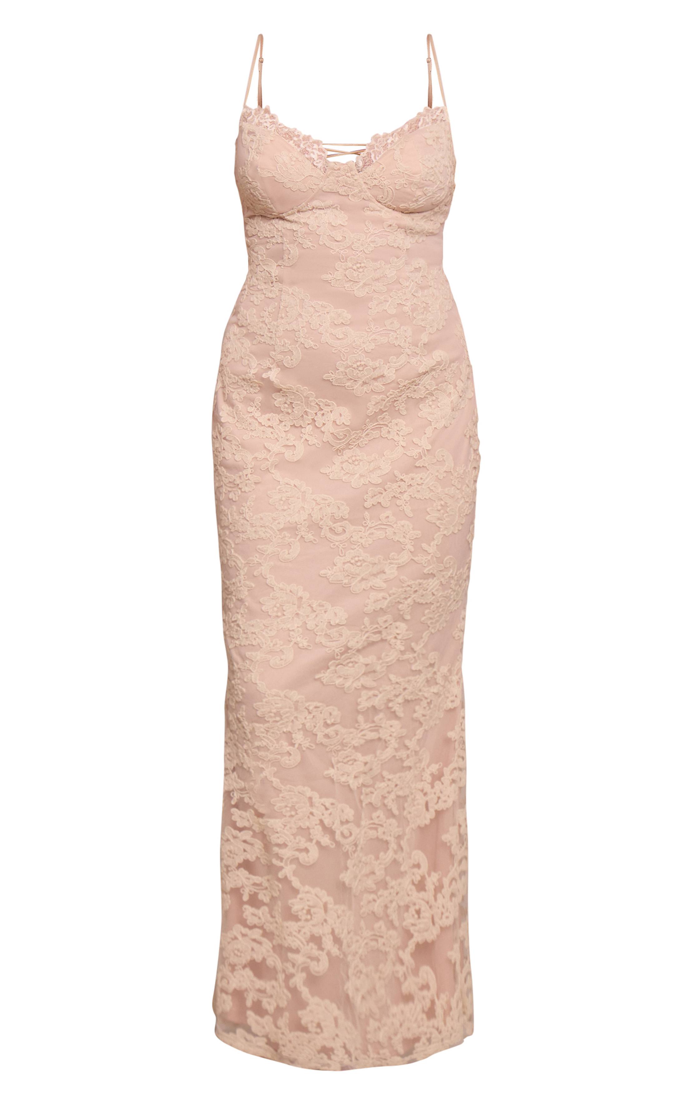 Crème Robe Longue Moulante À Armatures Avec Motif Floral Texturé
