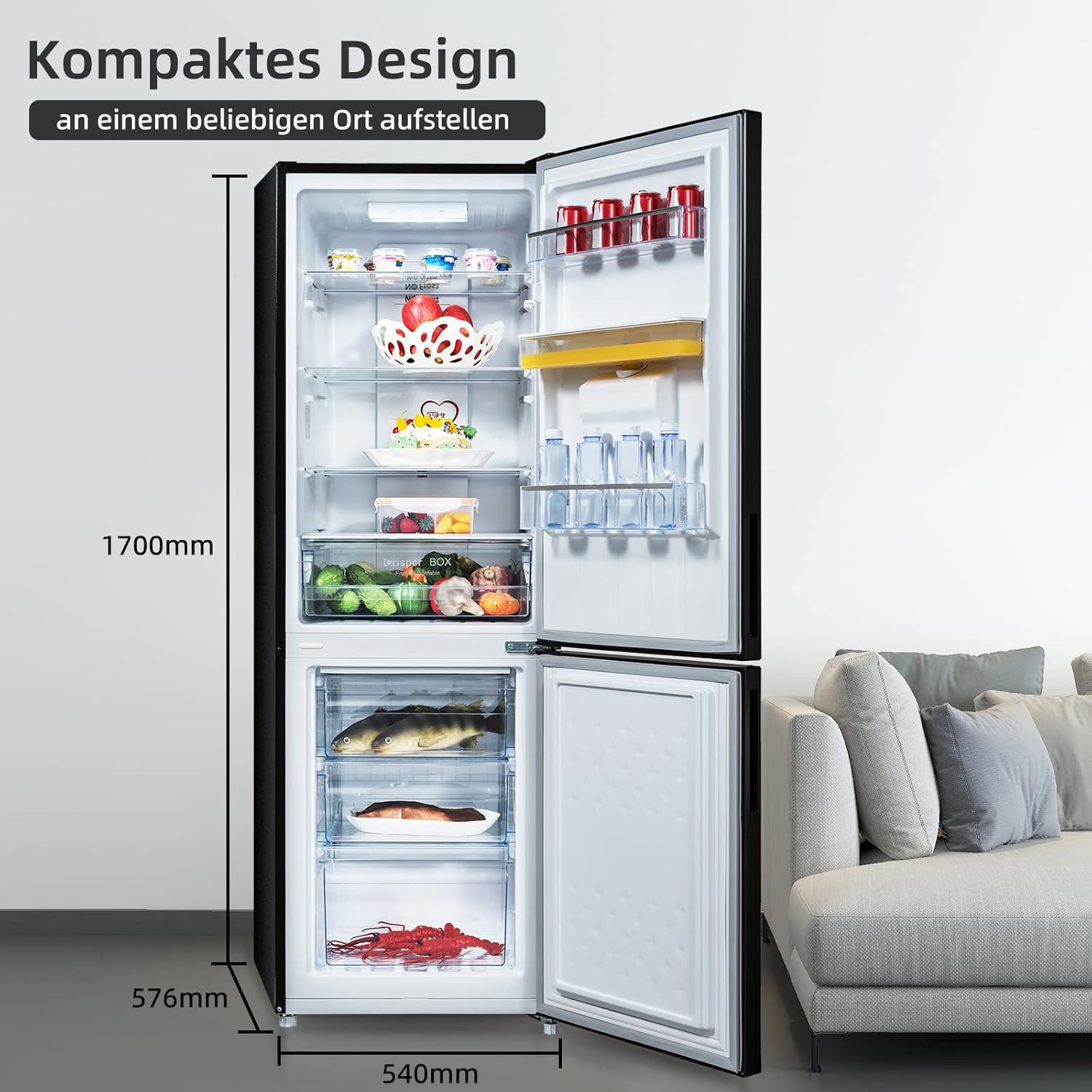 CHIQ Kühlschrank mit Wasserspender, Kühl-Gefrierkombination, No Frost, 231L(161/70L), 4-Sterne-Gefrierfach, Temperaturregelung, Frischhaltebox, LED-Licht, 170cm Höhe, FBM228NE4DE
