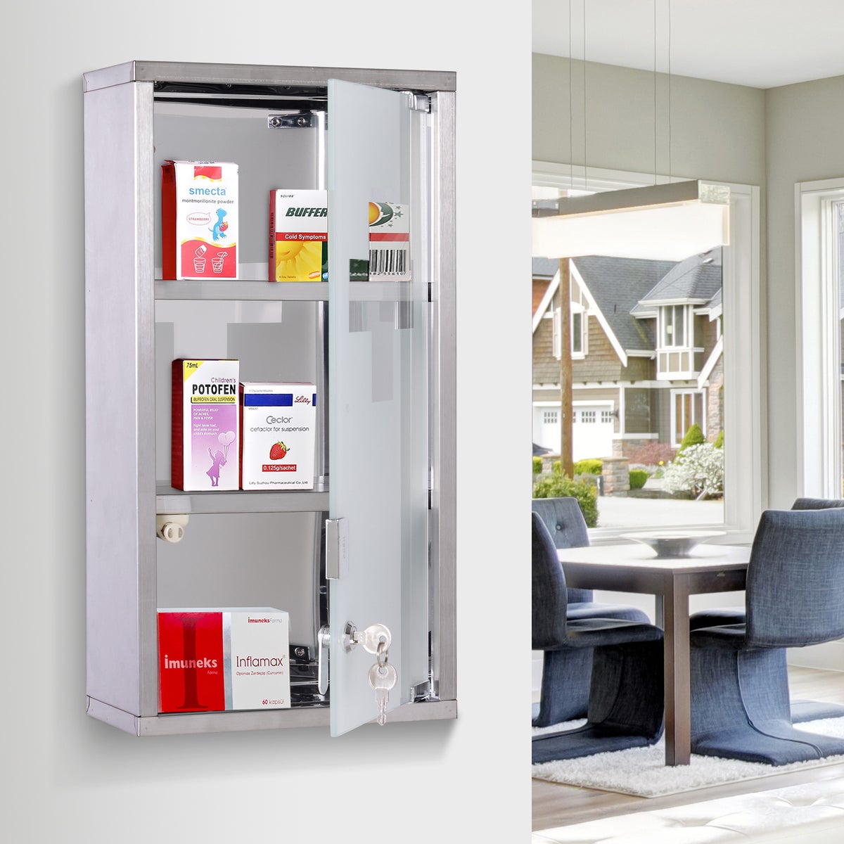 HOMCOM Medicijnkast, afsluitbare apothekerskast, EHBO-kast met 3 compartimenten, wandkast, roestvrij staal, zilver, 25 x 12 x 48 cm