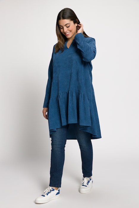Cordkleid, A-Linie, Tunika-Ausschnitt, Langarm