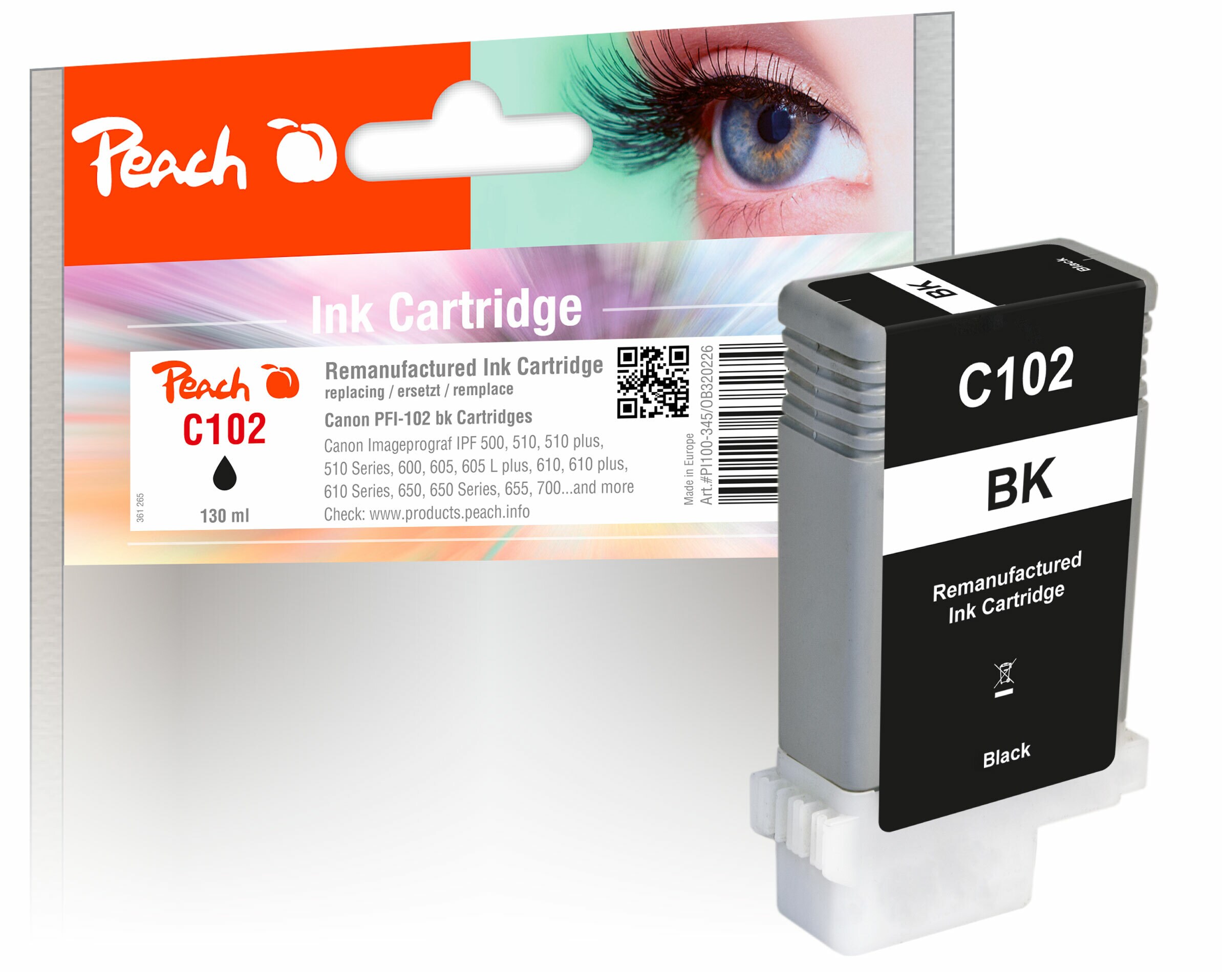 Peach C102 BK XL-Druckerpatrone bk ersetzt Canon PFI-102BK, 0895B001, 29952627 für z.B. Canon Imageprograf IPF 500, Canon Imageprograf IPF 510 (wiederaufbereitet)