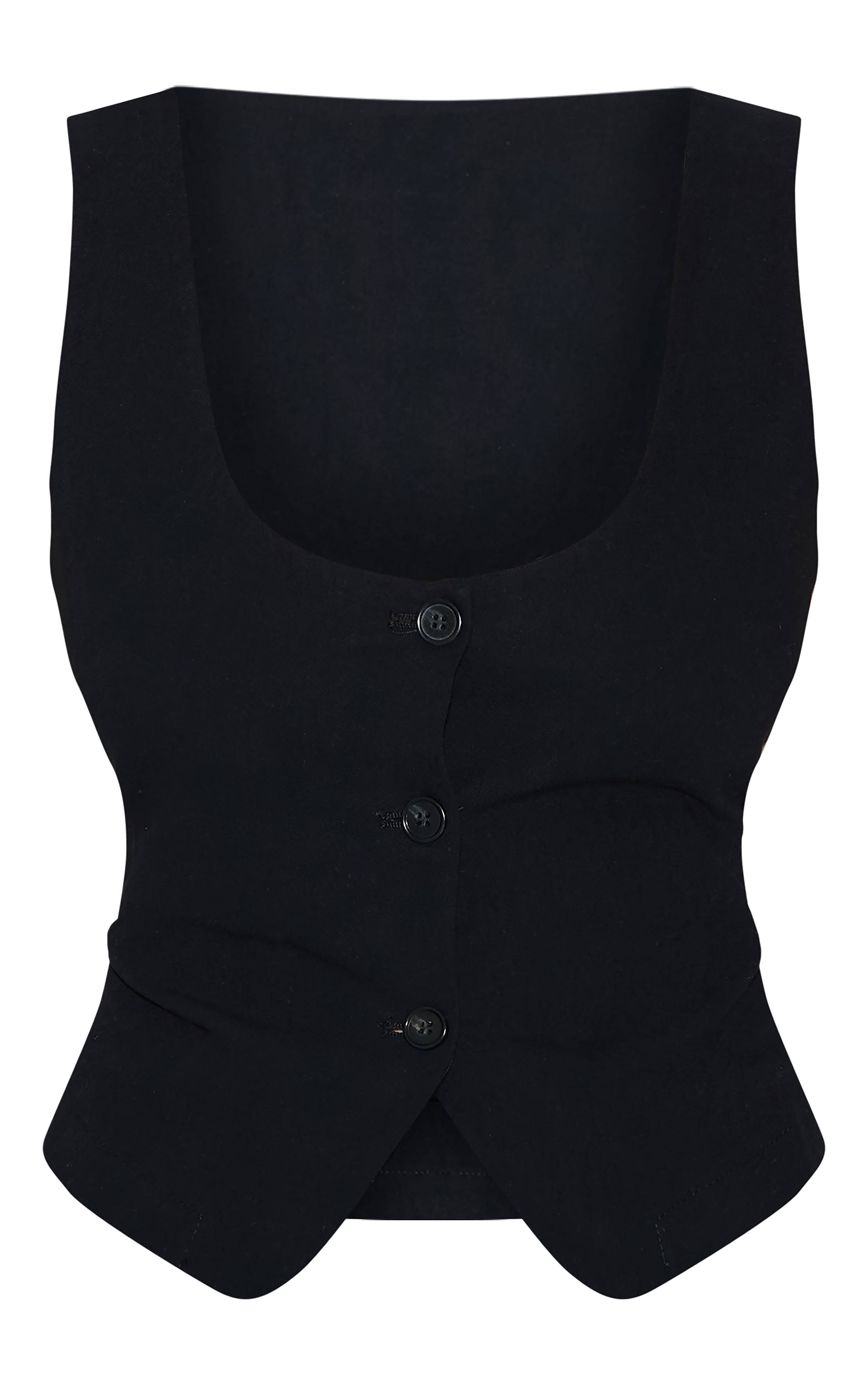 Noir Gilet Ajusté Tailleur Col Arrondi Aspect Lin