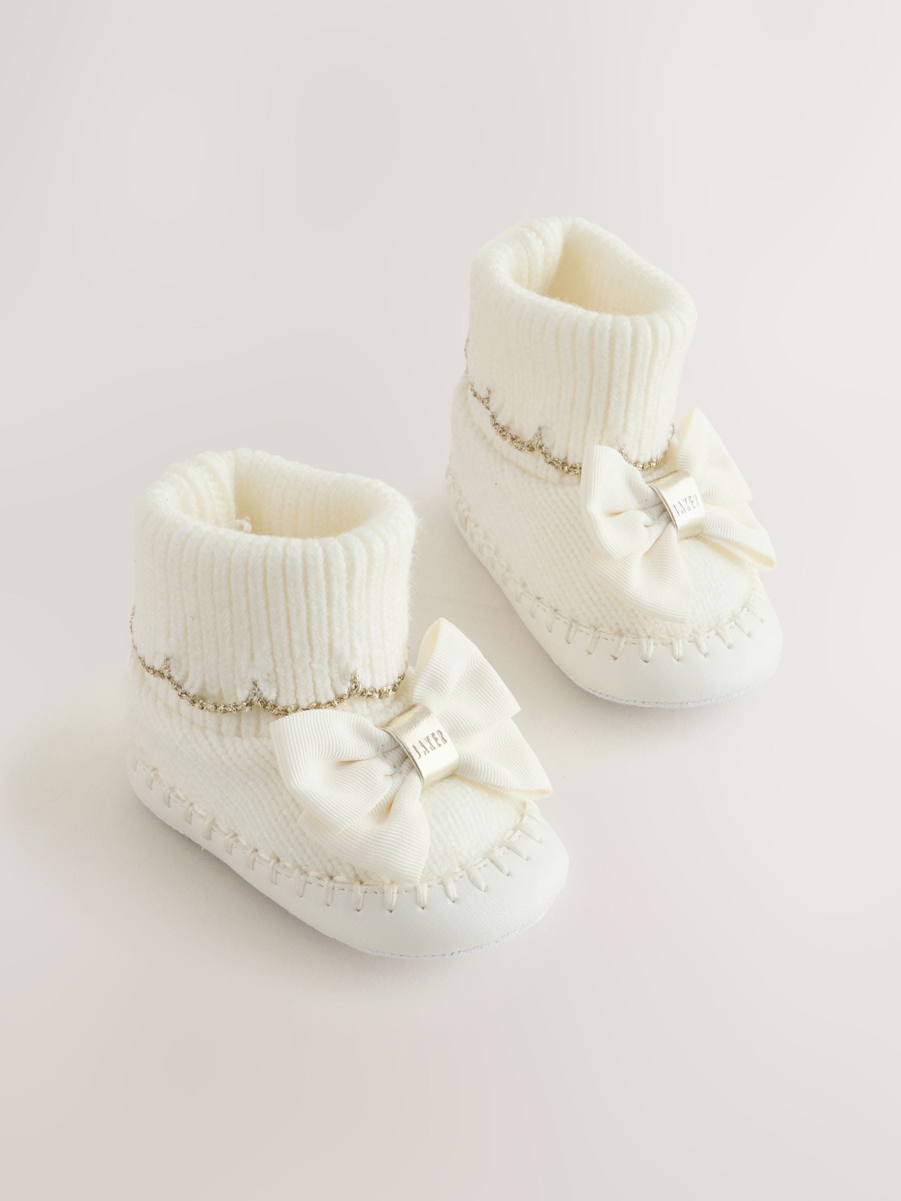 Crème - Baby Girls Scallop Edge Knitted Padders Booties with Bow
