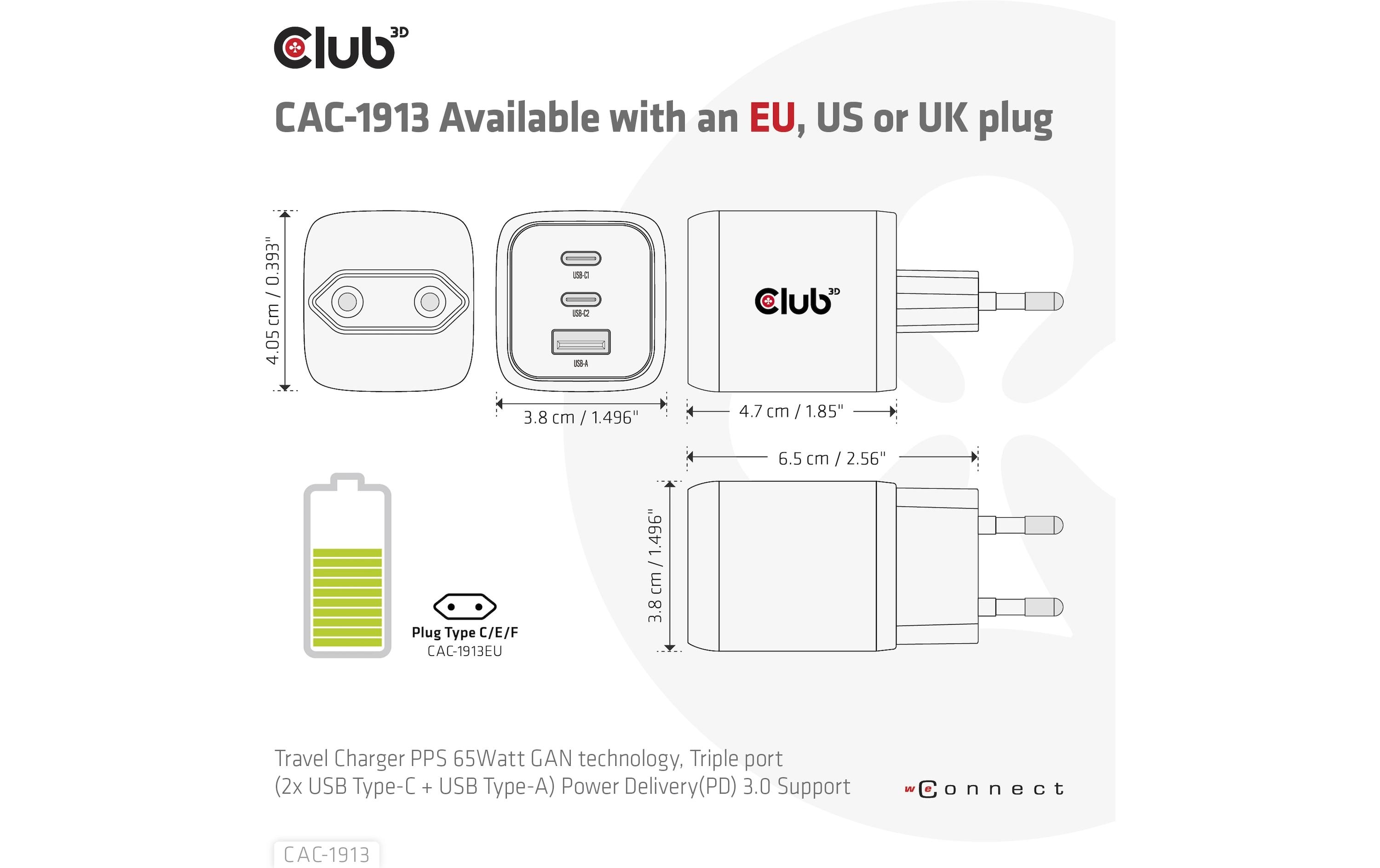 USB-Wandladegerät PPS 65Watt GAN-Technologie CAC-191365W Reiseladegerät mit GAN-Technologie und 3x USB Anschlüsse