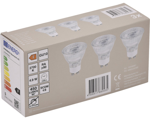 3x LED reflectorlamp PAR16 GU10/4,9W (64W) 450 lm 2700 K warm wit helder 3 stuks 36°