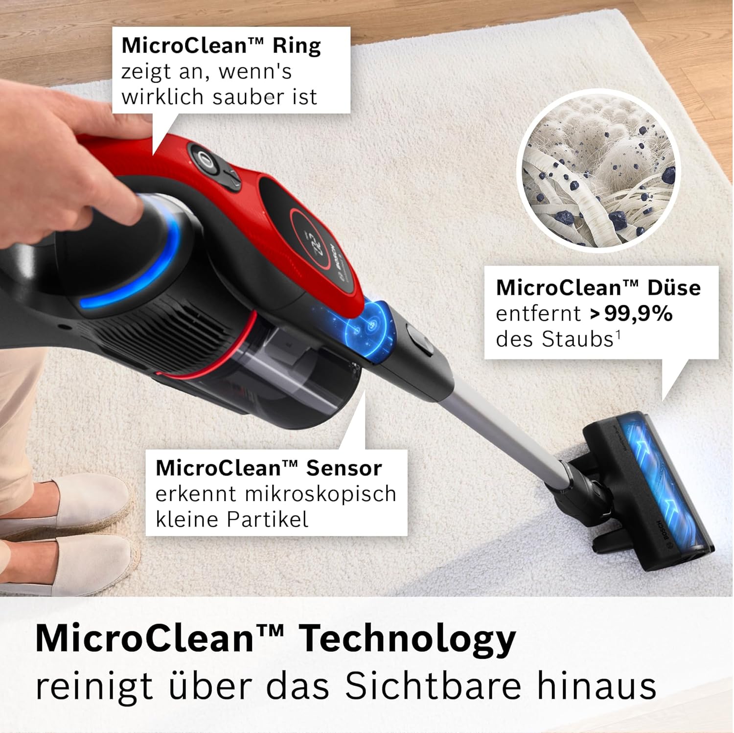 Bosch Akku-Staubsauger Unlimited 9 ProAnimal BKS941PET, kabellos, MicroClean Technology, Display, Staubkomprimierung, HEPA-Filtersystem, 10 J. Motorgarantie, 4Ah Akku, LED-Licht, Schnellladegerät, rot